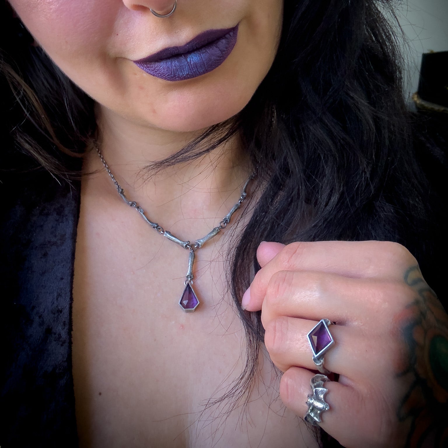 Cat-acombs Drop Necklace Amethyst - Bones silver pendant - LIMITED