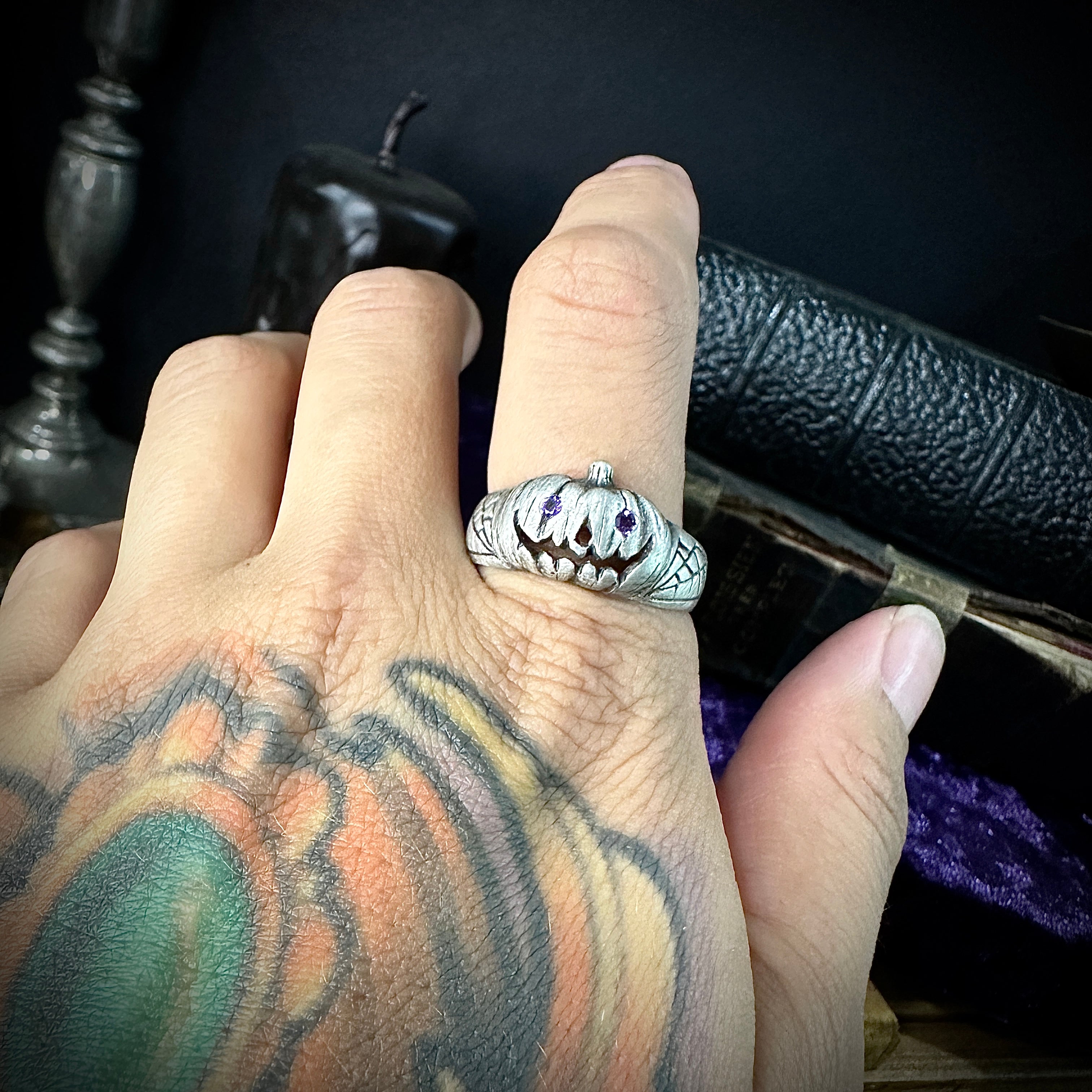 Gemstone Classic Jack-O Pumpkin Ring – Handcrafted Sterling Silver Halloween Jewelry