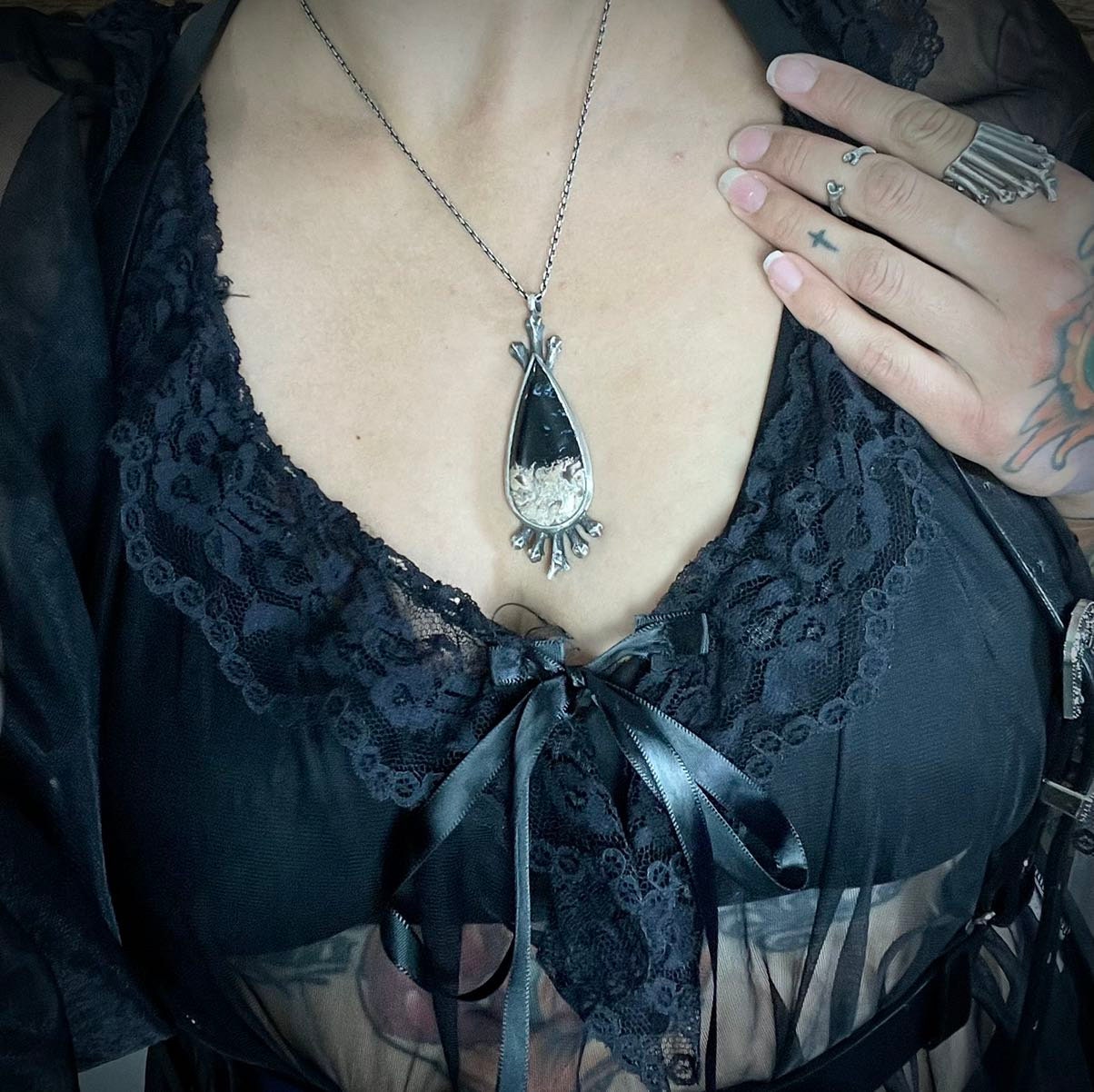 Sacred Bones Silver Pendant - Petrified Palm Root Necklace