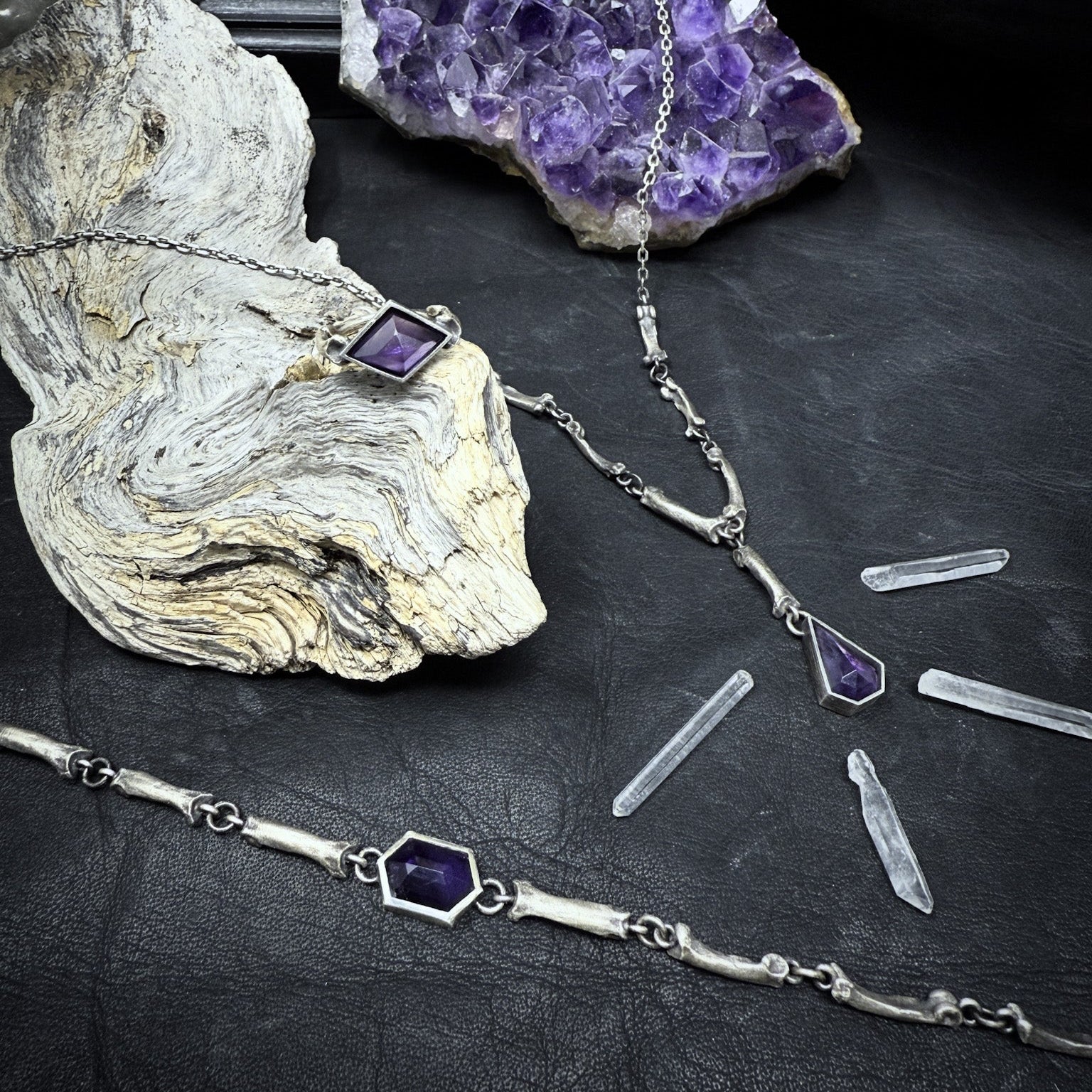 Cat-acombs Drop Necklace Amethyst - Bones silver pendant - LIMITED