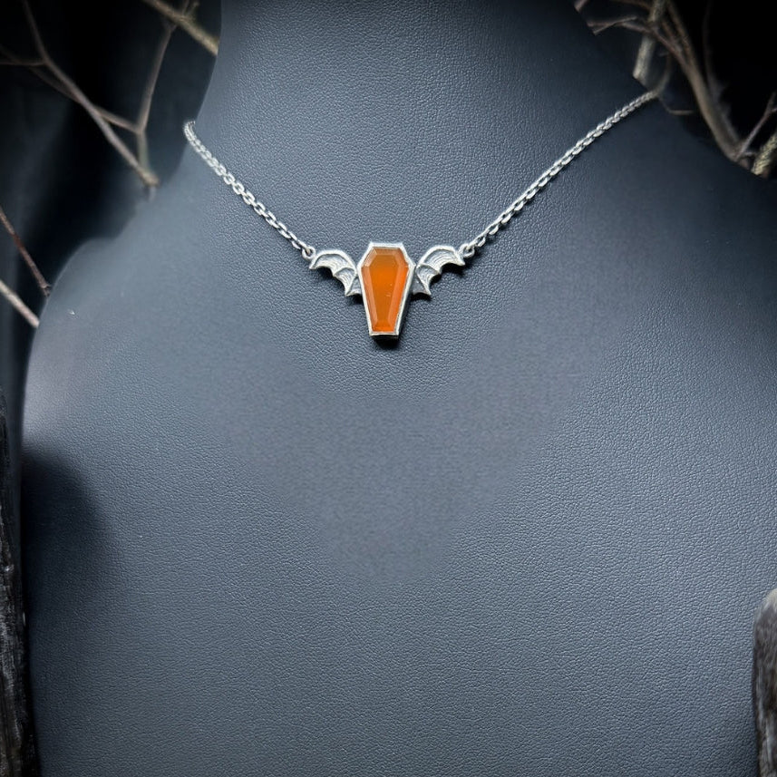 Night Creature Orange Chalcedony Coffin Gemstone Pendant - UNIQUE
