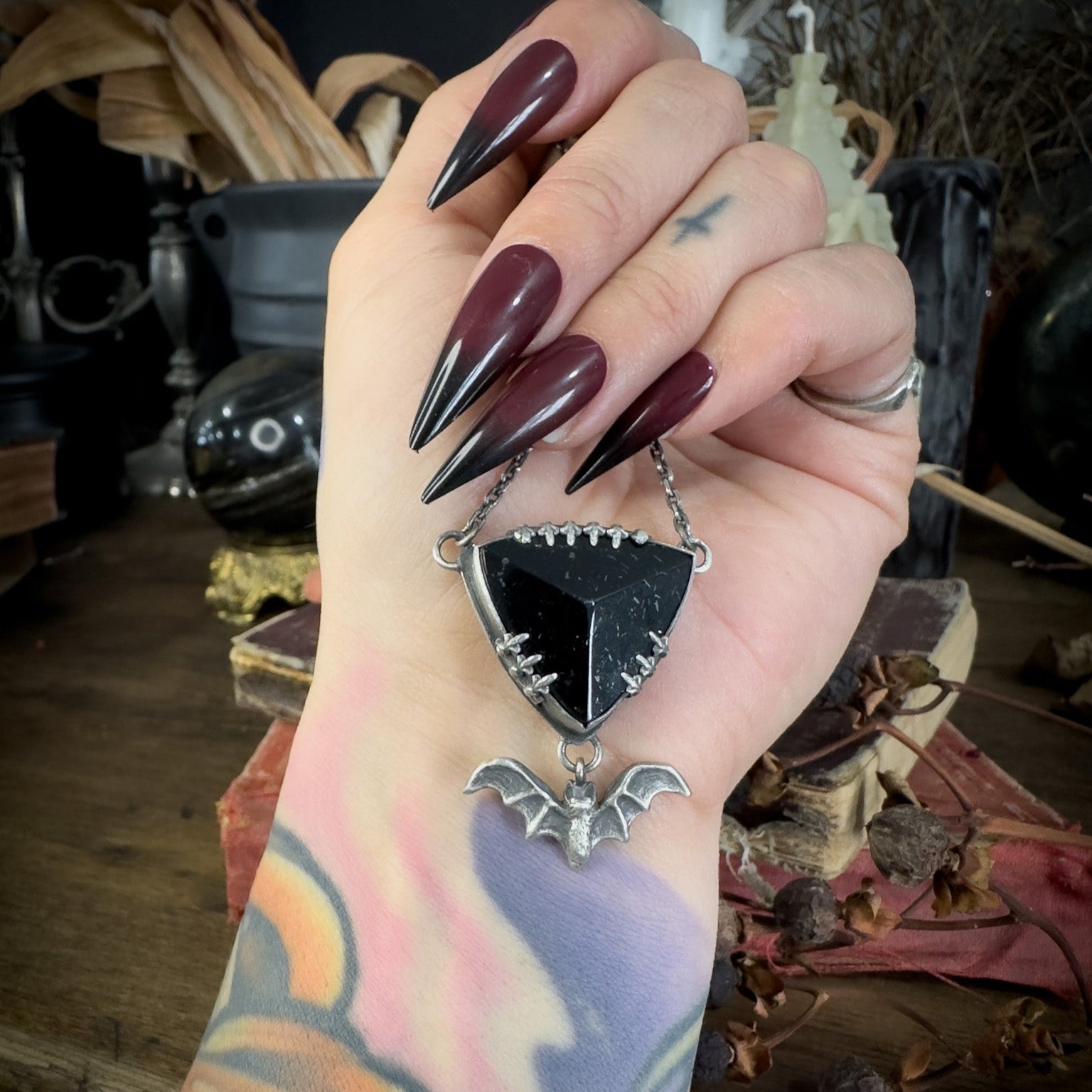 Dark Romance Bat & Tourmaline Pendant