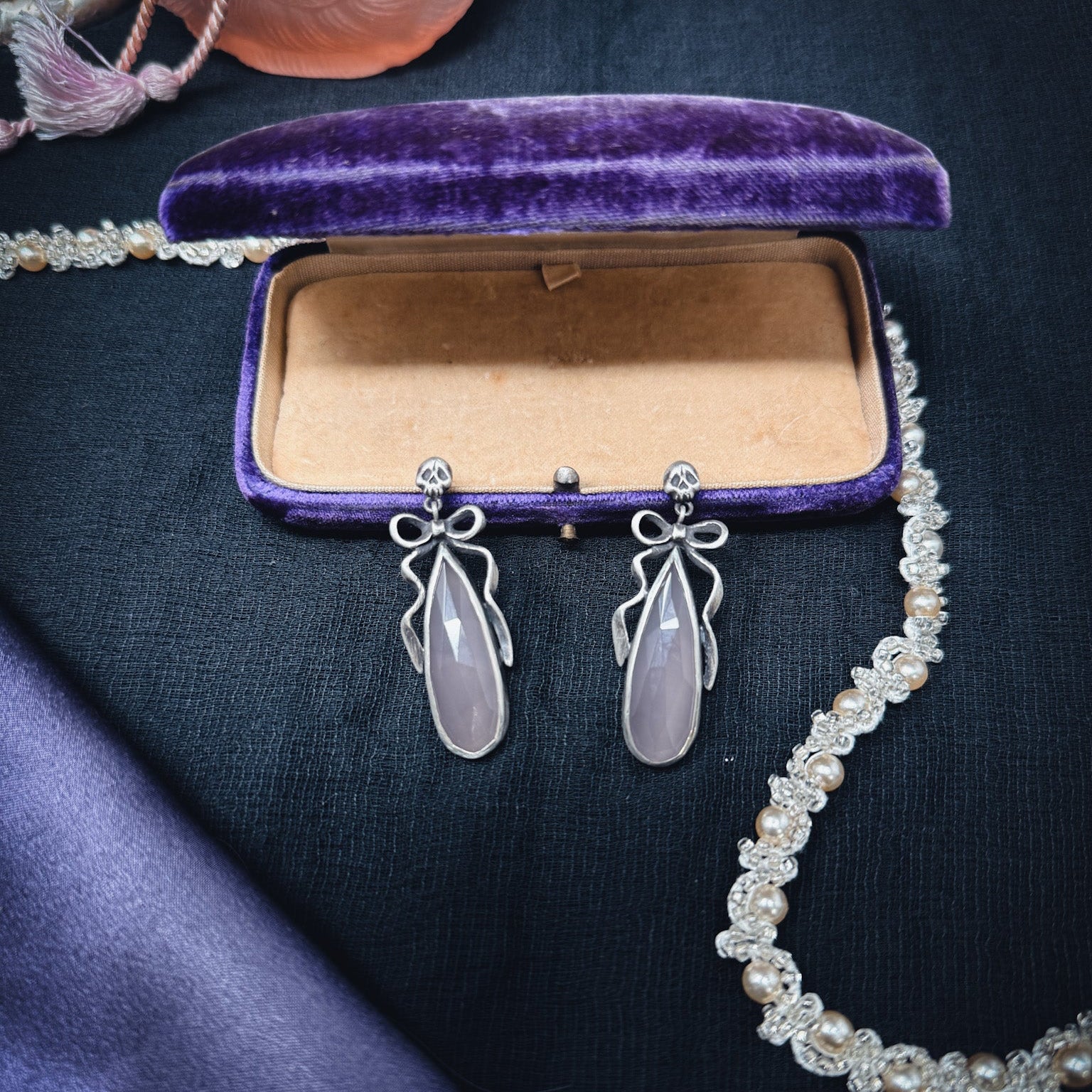 Big Pink Chalcedony Death by Ribbons Earrings - Uneven X Olivia Faust