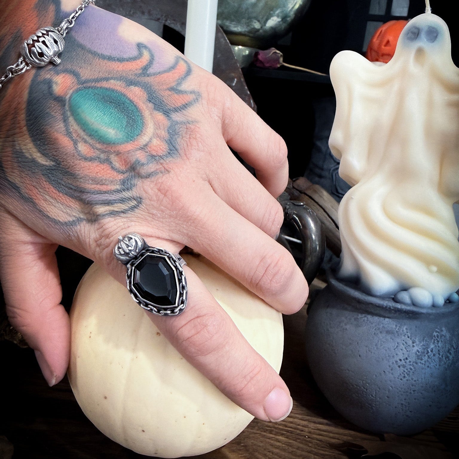 Mini Pumpkin King Black Spinel Ring sz 7.5