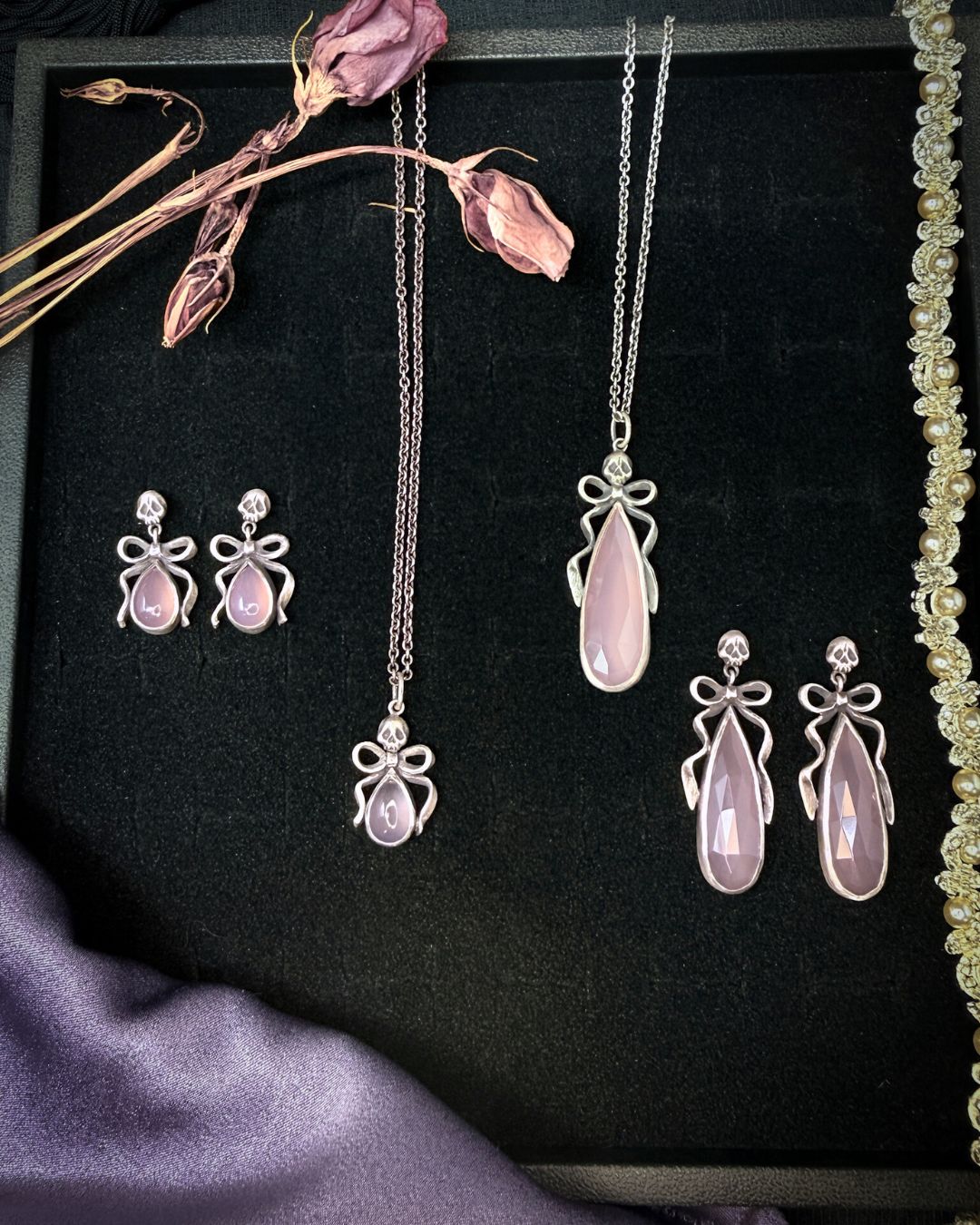 Big Pink Chalcedony Death by Ribbons Earrings - Uneven X Olivia Faust