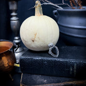 silver pumpkin ring with black spinel gemstone
