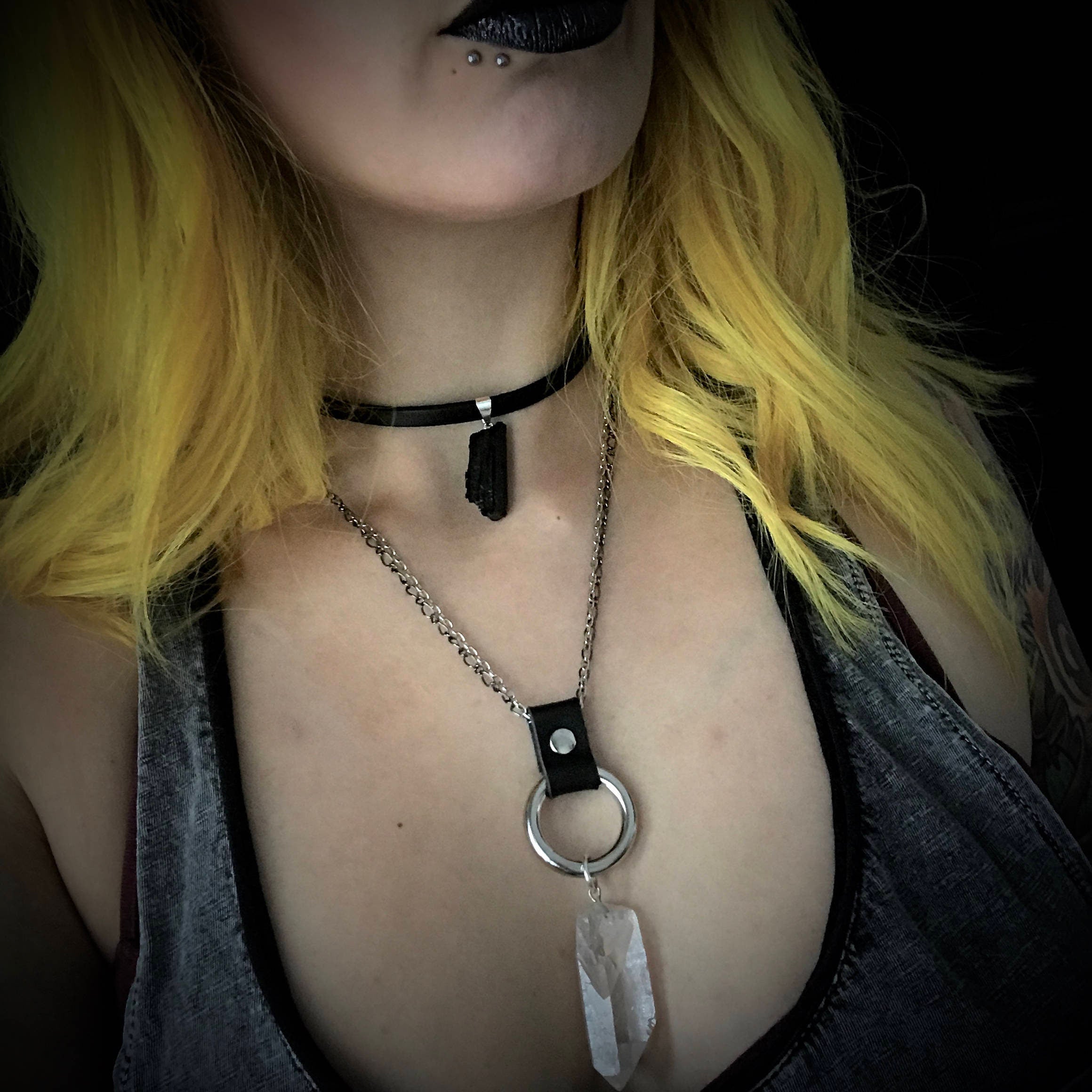 Leather and Crystal Choker Necklace